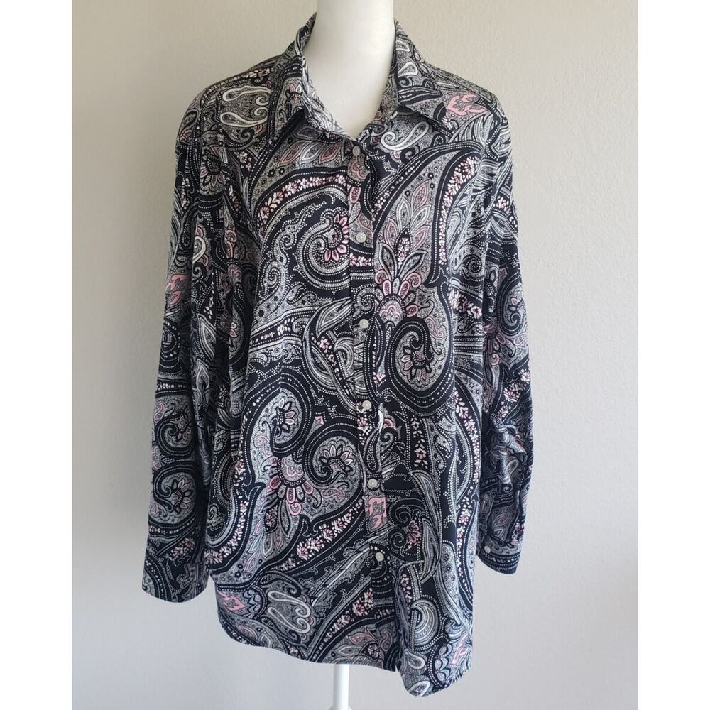 Chaps No Iron Plus Size 2X Navy Paisley Button Down Shirt‎ Blouse Classic Career